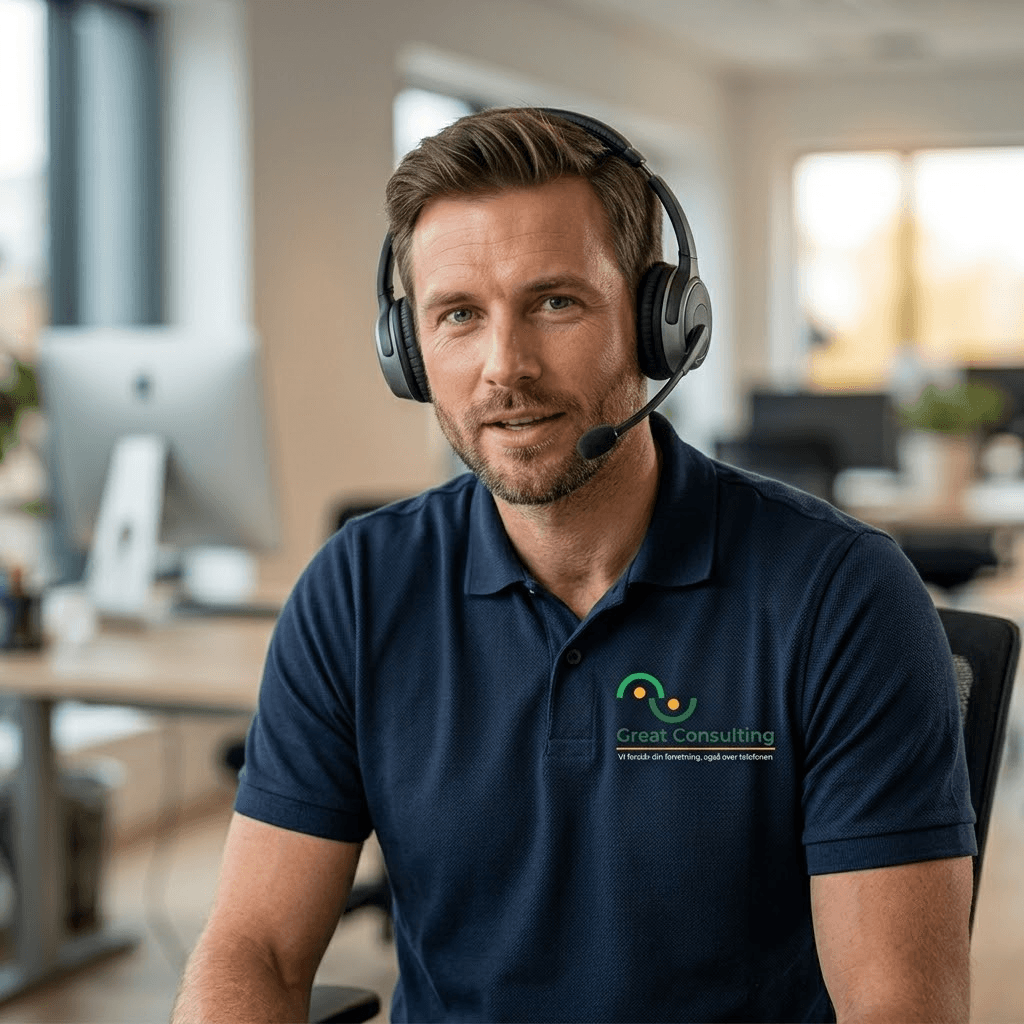 Konsulent hos Great Consulting med headset klar til at booke møder