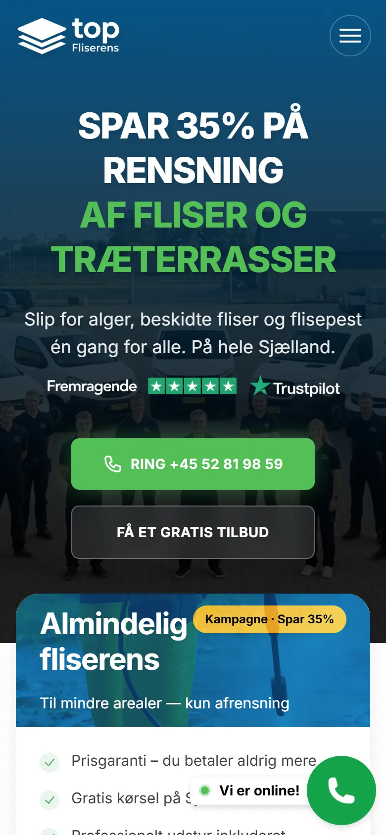 Top Fliserenss hjemmeside vist på mobil