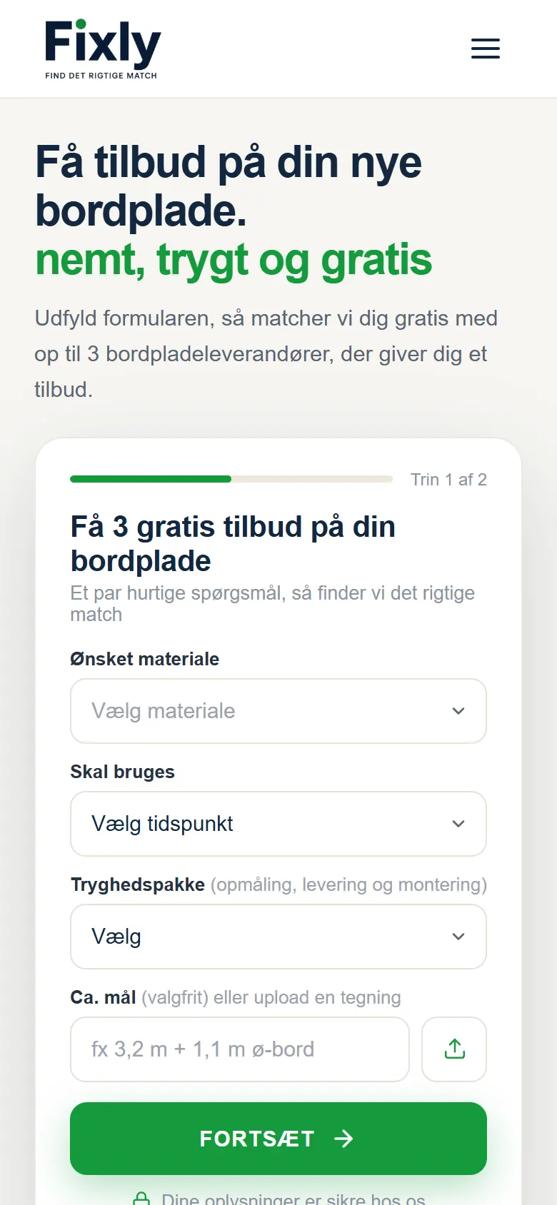 Fixlys hjemmeside vist på mobil